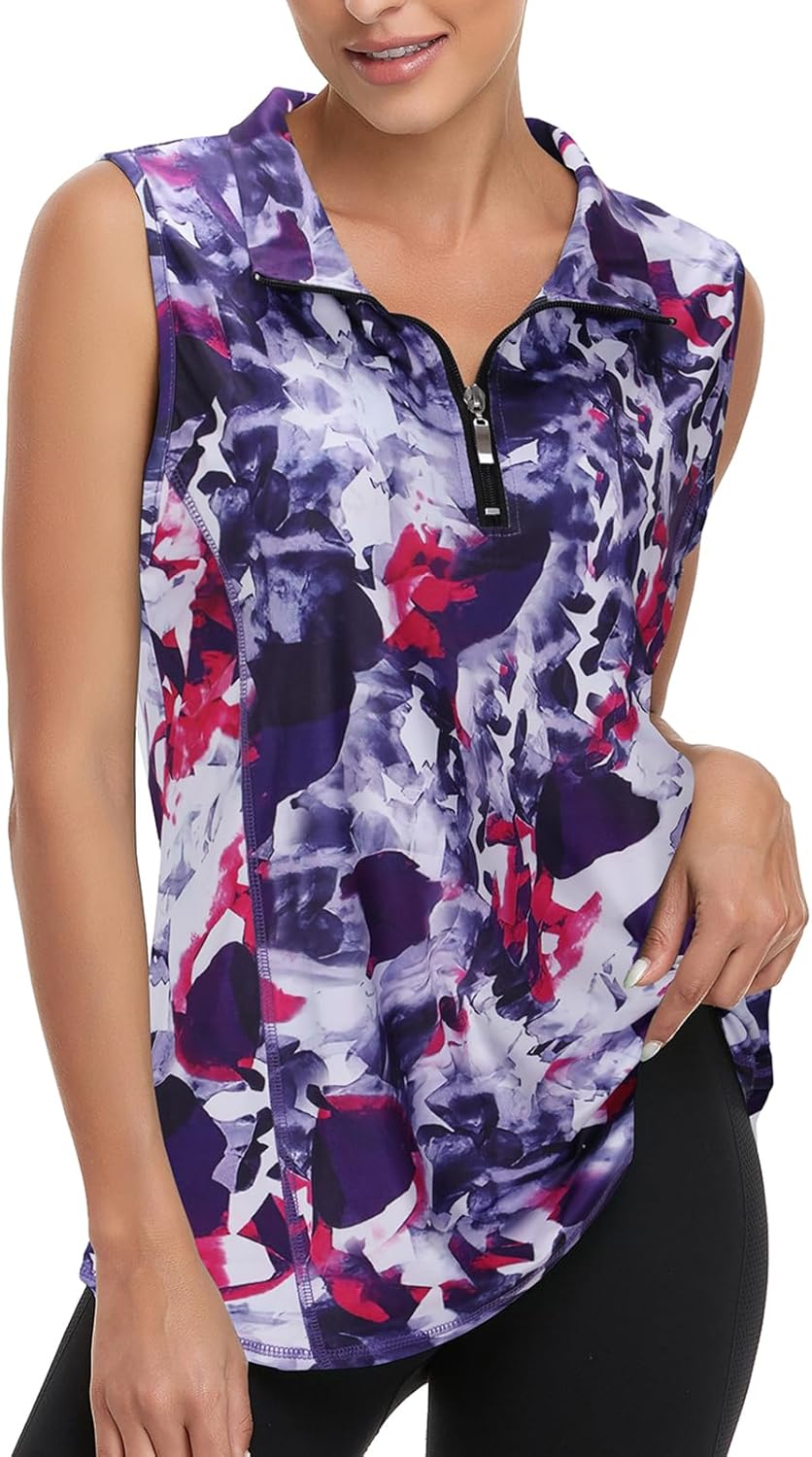 Viracy Women's Zip Up Golf Workout Tank Tops Sleeveless Quick Dry Athletic Polo Shirts