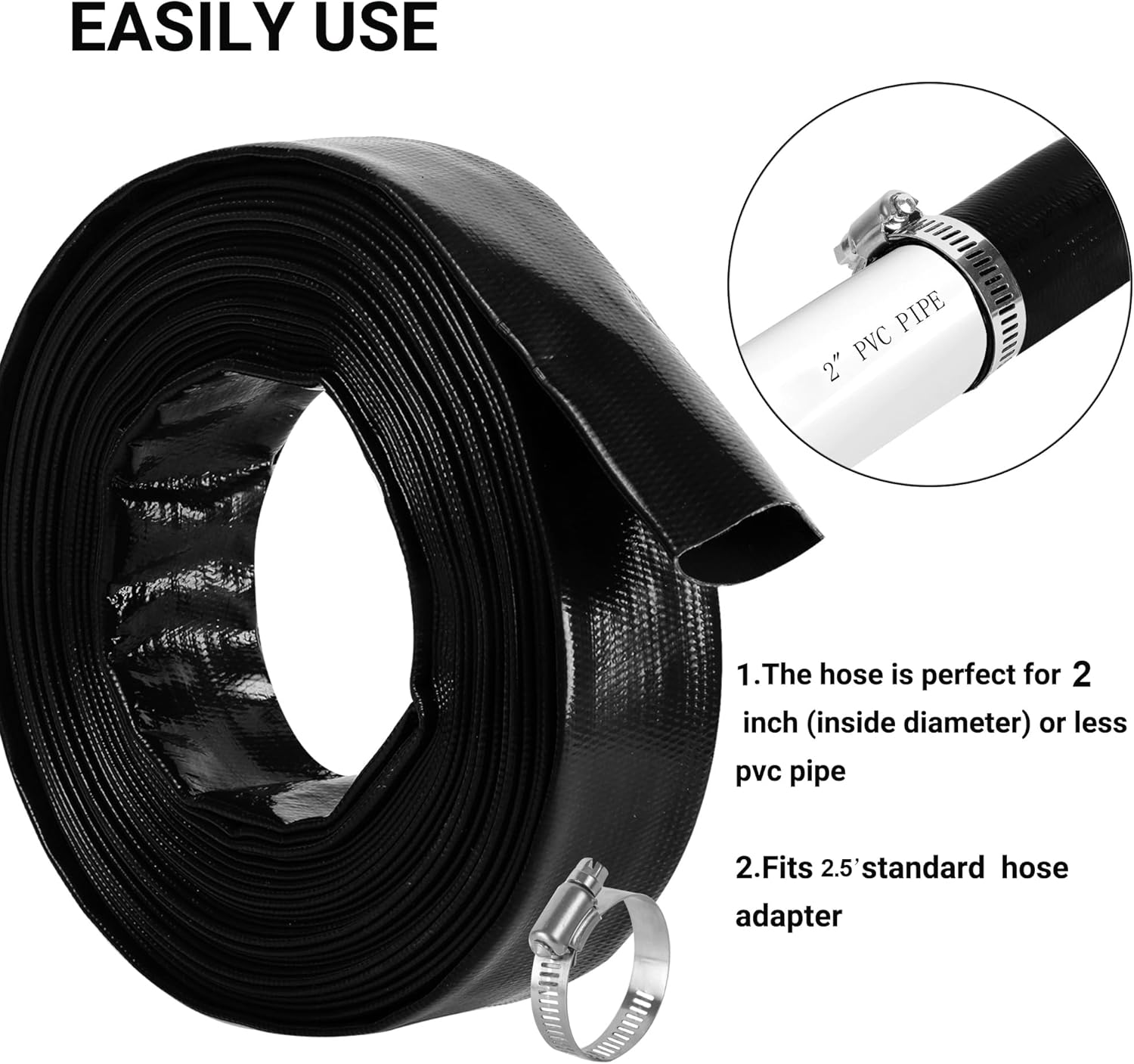 2.5" x 100 FT Pool Backwash Hose, Black Heavy Duty Reinforced PVC Lay Flat Water Discharge Hose for Swimming Pool Filter Pump,with 2 Clamp