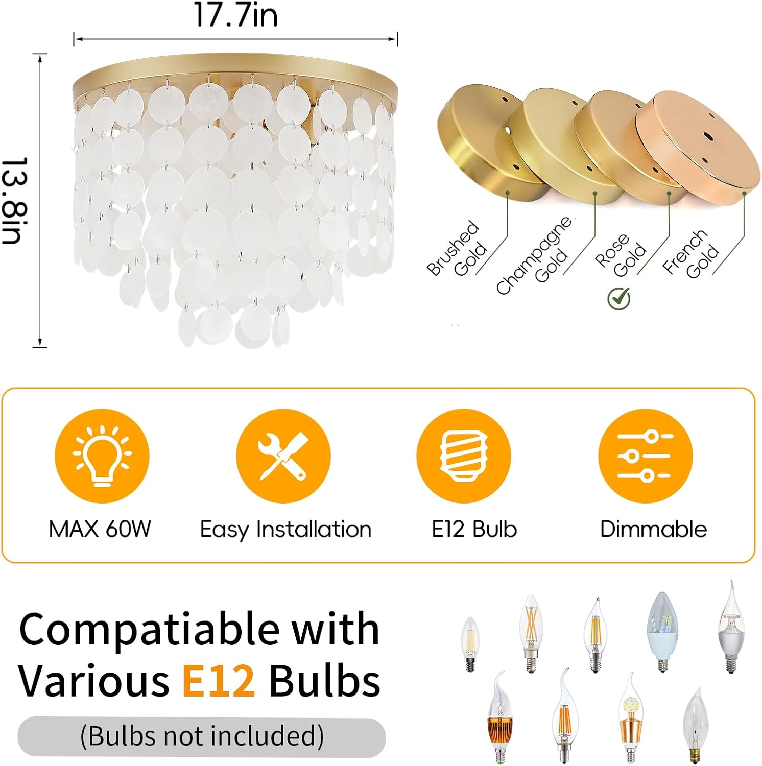 17.72" Capiz Shell Ceiling Light Fixtures, 5 Light Boho Shells Flush Mount Ceiling Light for Bedroom, Hallway, Entryway, Bathroom, Brushed Brass