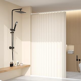 Heavy Duty Thick Fabric Shower Curtain - Waterproof, 72W X 72H, Beige + Rod