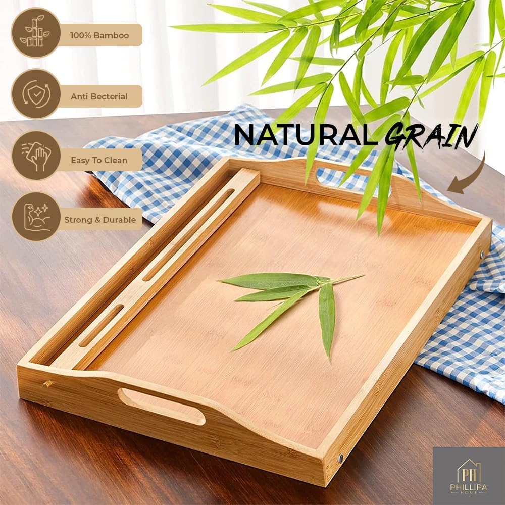 Bed Tray Eating with 2 Coasters - Large Natural Bamboo Breakfast Bed Tray for Laptops 17.3 Inches, Ideal for Food and Drinks