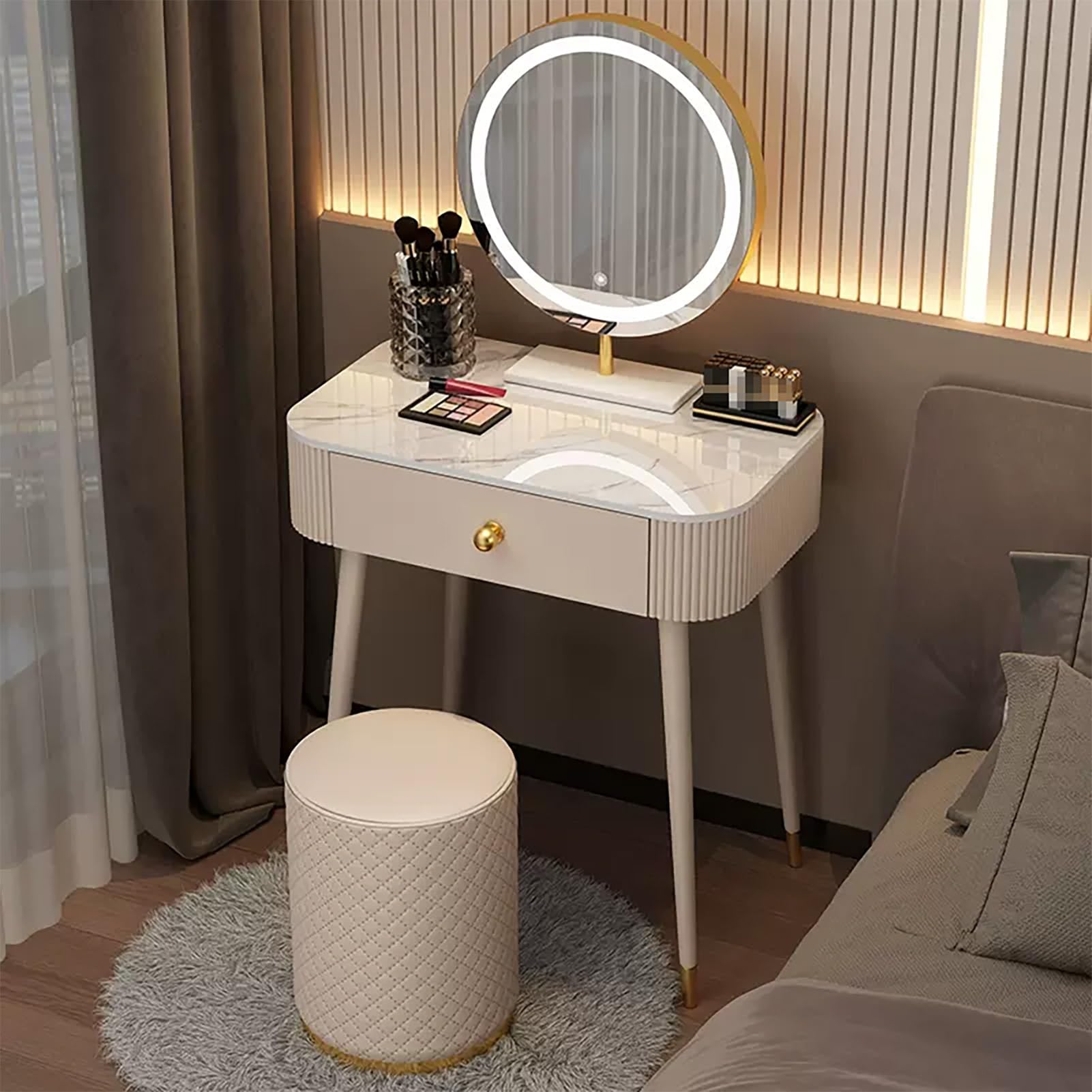 asdchZen Slate Makeup Vanity Set With Round Mirror & Stool, White Dressing Table For Women, Stylish Bedroom Makeup Desk With Metal Legs,50cm/19.6in