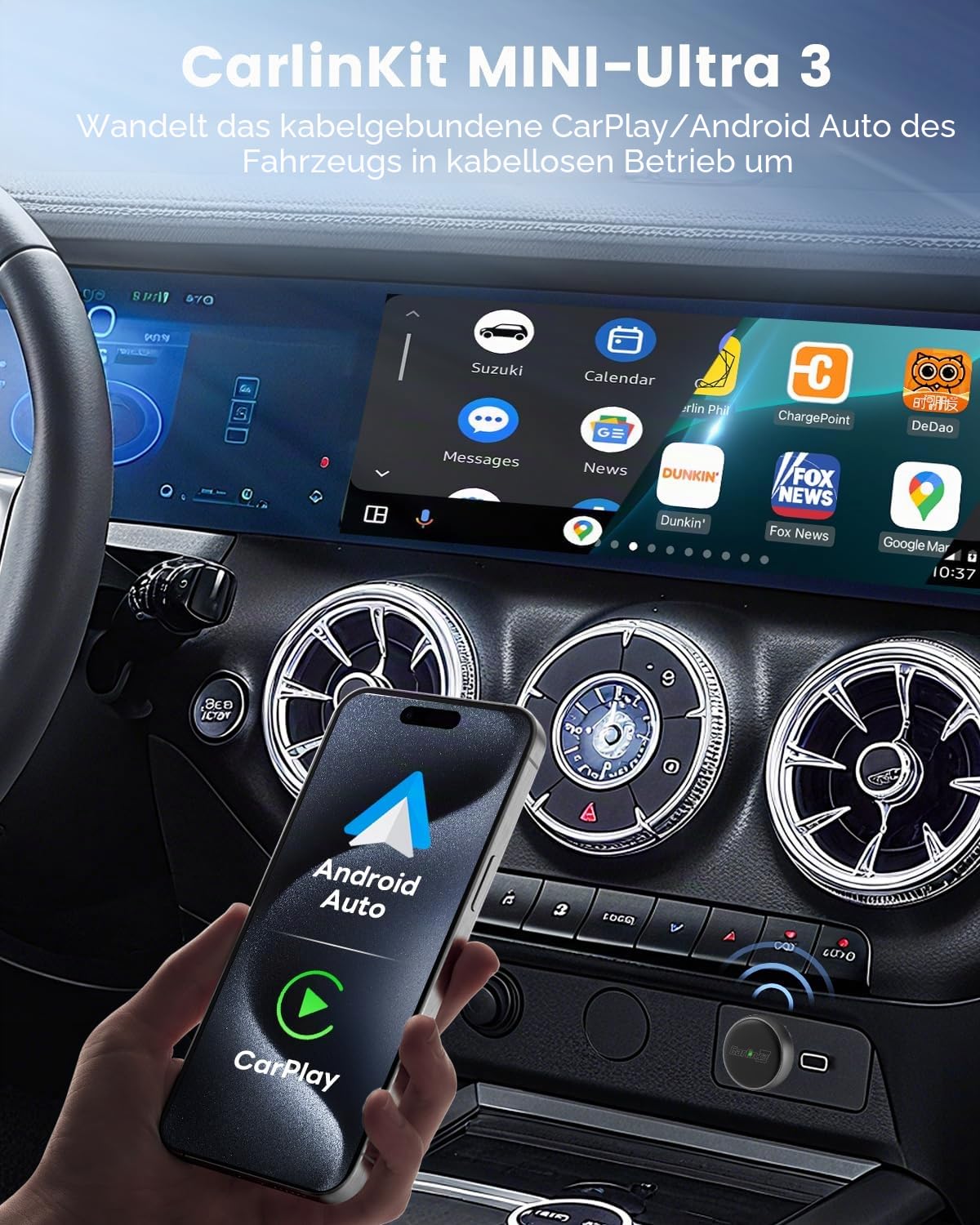 CarlinKit MINI Ultra3 – der neueste kabellose CarPlay- und Android Auto-Adapter, der kabelgebundene Verbindungen in kabellose umwandelt und so für ultraschnelle Konnektivität sorgt. Plug-and-Play-fähi