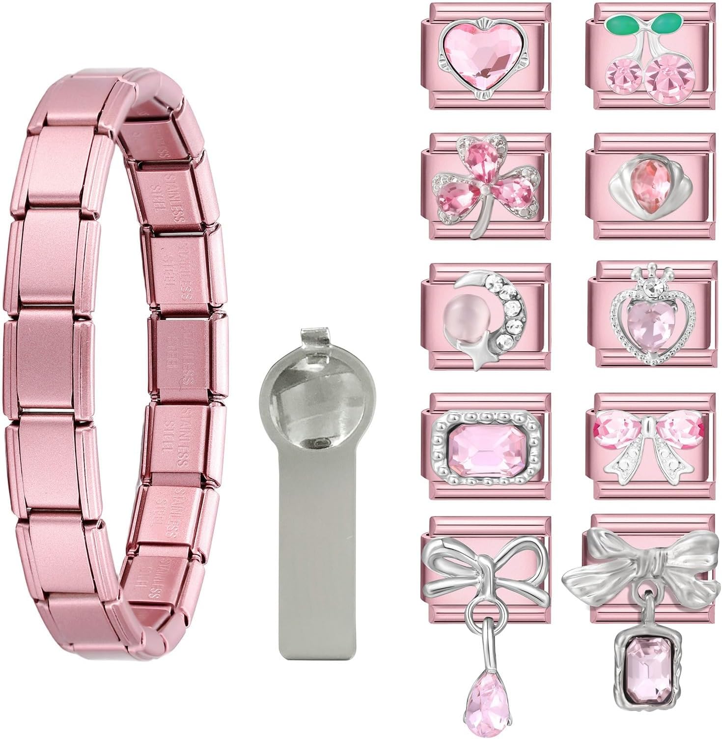 papasgix 12Pcs Italian Charms Set, 10mm*9mm Silvery Italian Charm Bracelet Link Pink Purple Stainless Steel DIY Jewelry Gifts