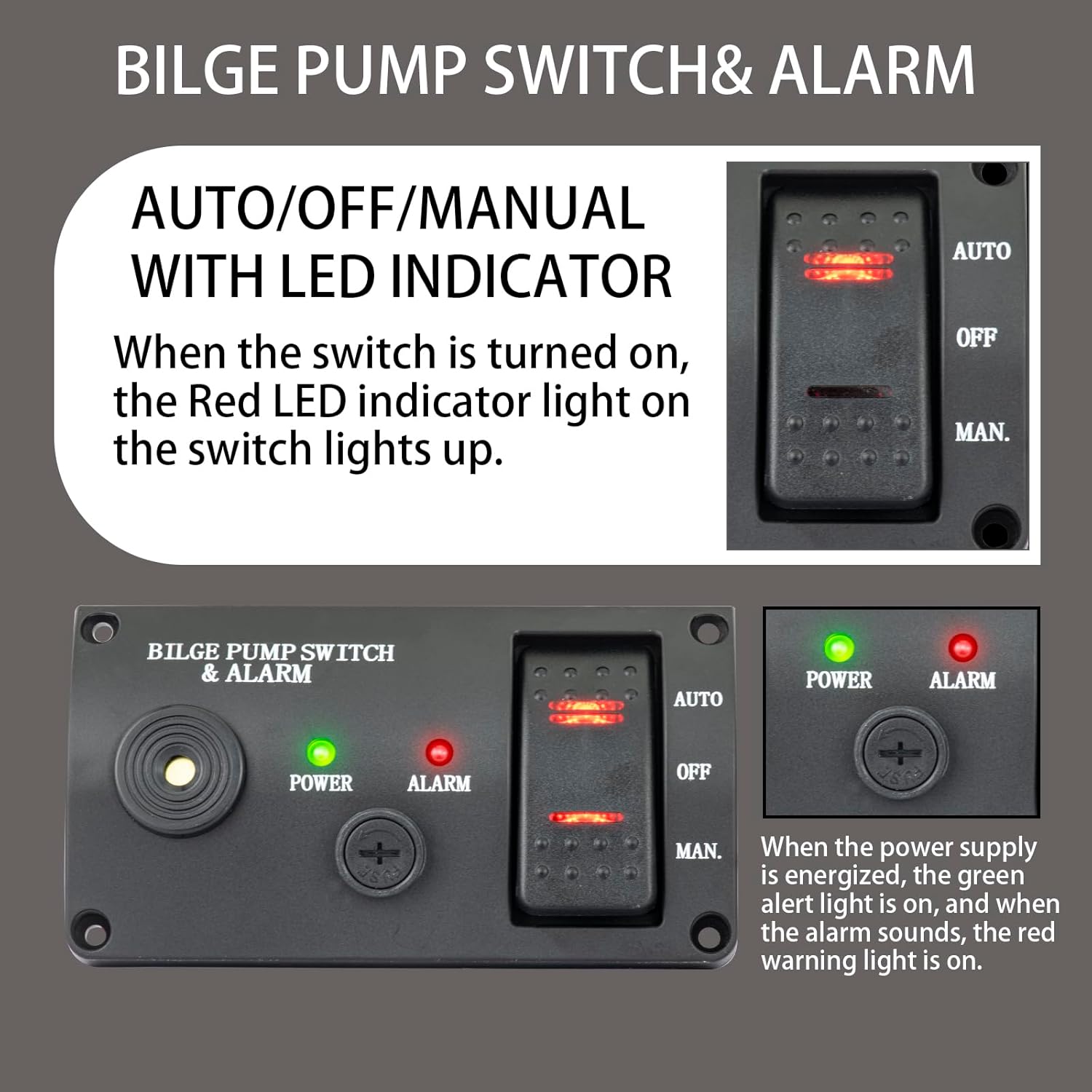 Bilge Pumps Switch for Boats,with LED Indicator Alarm,3-Way Auto-Off-Manual Switch w/Spring From Manual Position, Black ABS Panel,12V DC