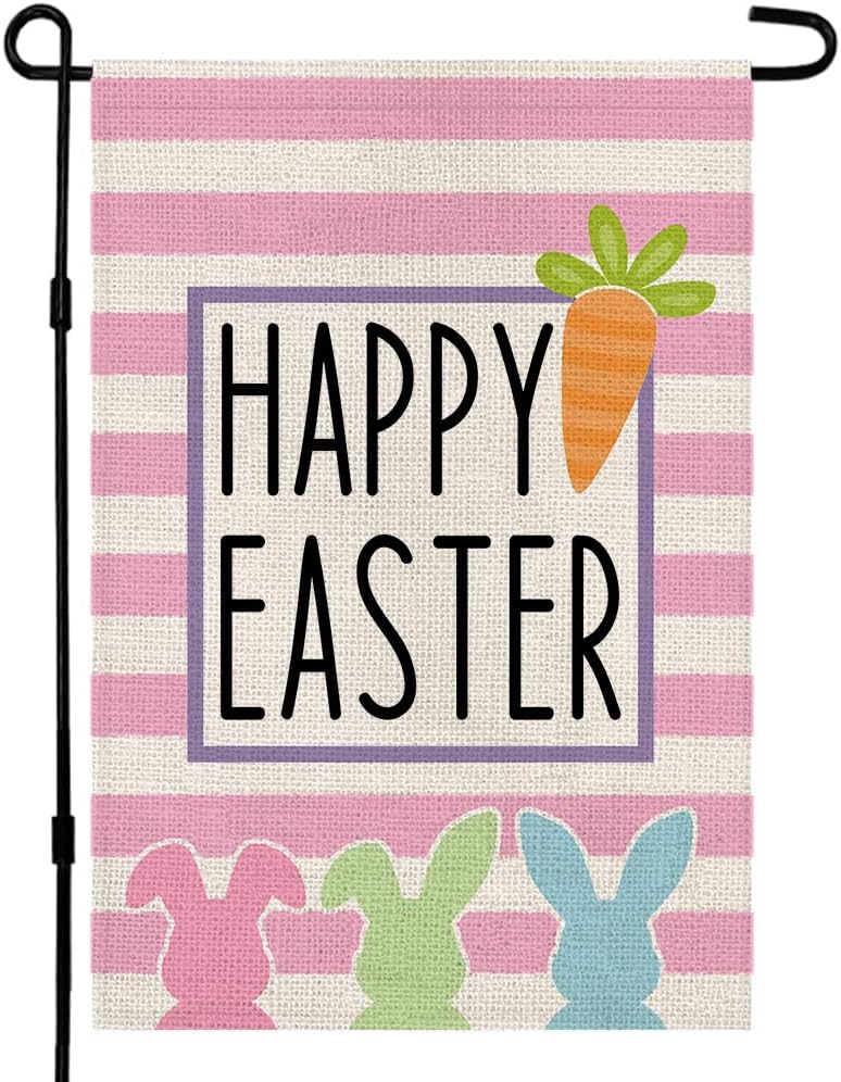 Happy Easter Bunny Garden Flag Double Sided Vertical Burlap 12×18 Inch Rabbit Outdoor Yard Farmhouse Decor DF020