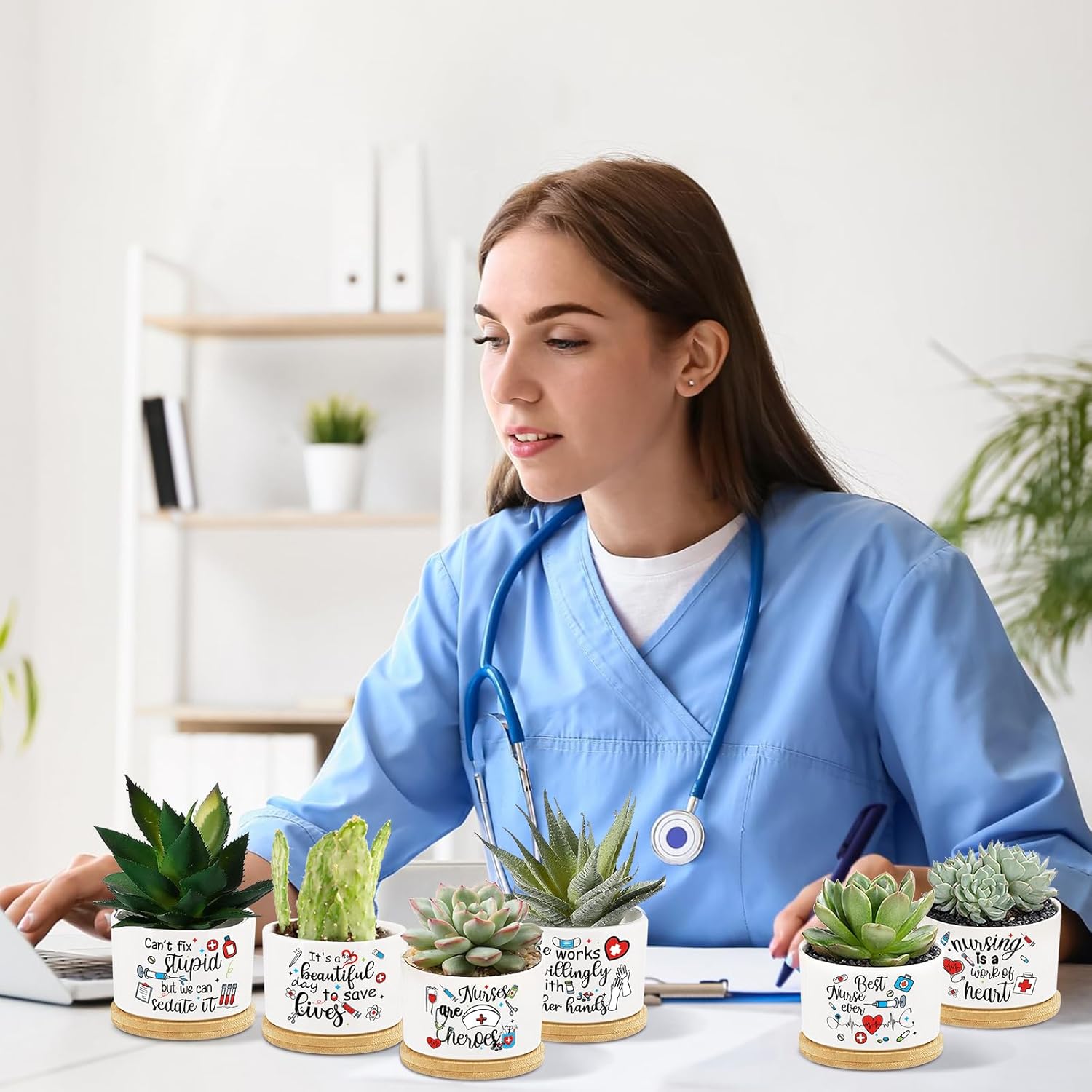 Tarklanda 6Pcs Nurse Appreciation Gifts Succulent Pots Nurses Day Ever Gifts Mini Ceramic Planters Pot with Bamboo Tray Thanksgiving for RN Nursing Graduation Nurse Week Plants Not Included