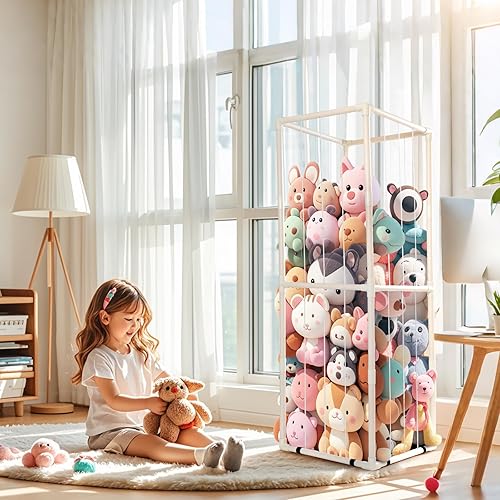 Miniatura 6 de Almacenamiento de animales de peluche, organizador alto de juguetes de material de PVC con cordones elásticos y estante, casa de juegos de peluche