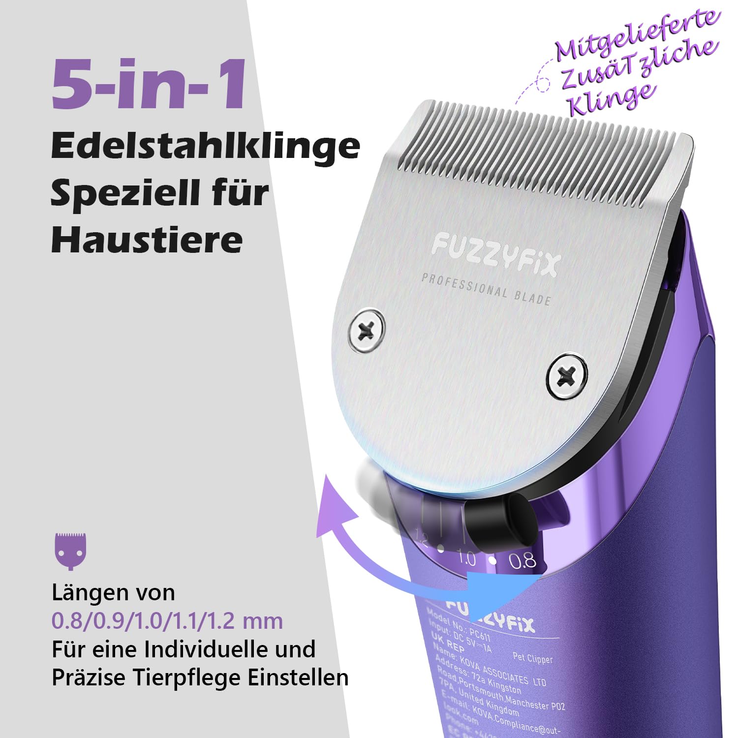 Hundeschermaschine Profi mit Ersatzklinge,5-in-1 Abnehmbare Klinge Schermaschine Hund mit 2 Geschwindigkeits,Schermaschine für Hunde, Katzen, Pferde mit Metall-Aufsteckkämme,Lila