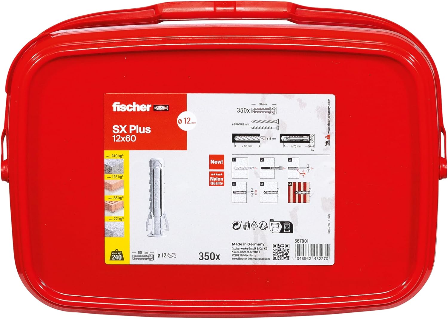fischer 567901 Expansion SX Plus 12 x 60, Practical Bucket with 350 Nylon, dowels for Optimal Hold When Fixing, Solid, aerated Concrete, Perforated Bricks and Much, Gray