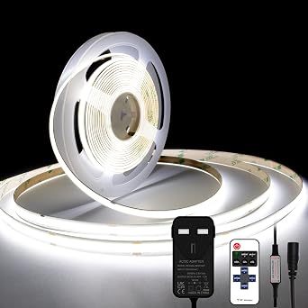TTWAY COB LED Strip Lights, Dimmable LED Strip Kit 6000K, Super Bright 24V LED Tape Lights CRI90+ with RF Remote and UKCA Power Supply for DIY Home Decoration, 5M, 2400LEDs, Cool White. [Energy Class F]
