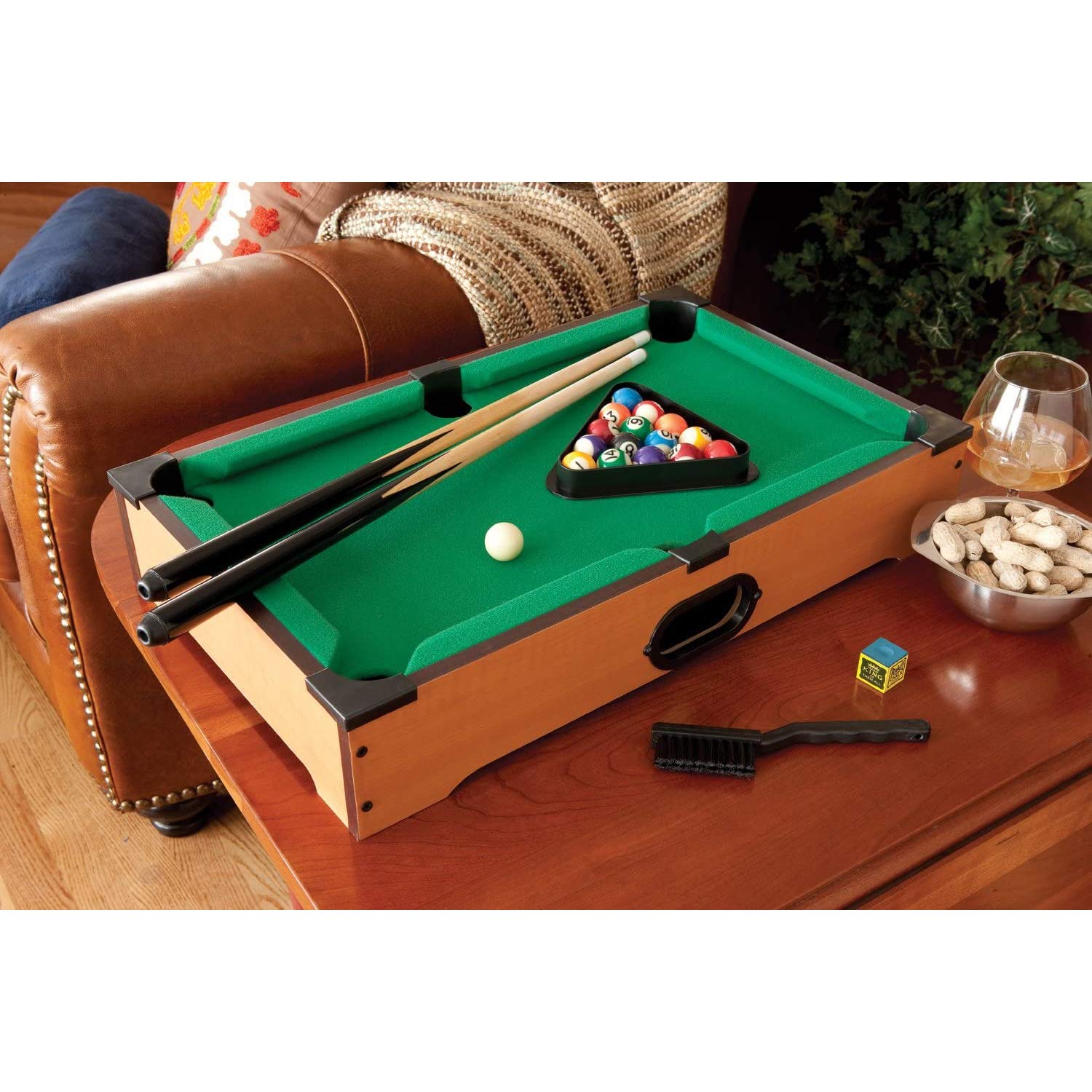 05387 Juego de Billar de sobremesa 51cm. Incluye 2 Palos, 2 Tacos, Cubo de Tacos, triángulo para Bolas, un Cepillo y 16 Bolas de Billar