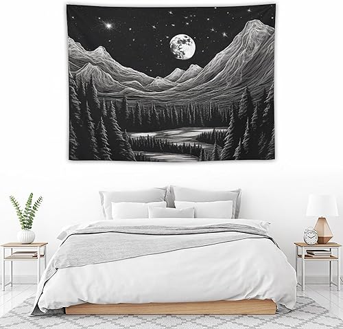 Miniatura 5 de BAHELS Tapiz estético de noche estrellada en blanco y negro, luna, estrellas, naturaleza, montaña, tapiz de tela, decoración de pared para