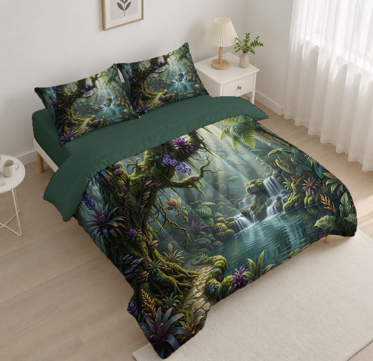 Natural Rainforest Comforter Set Full Size, Plants and Flowers Bedding Set for Girls Boys, Dark Green Quilt Bed 79"X90" Bedding Comforter Sets with 2 Pillowcase Room Decor