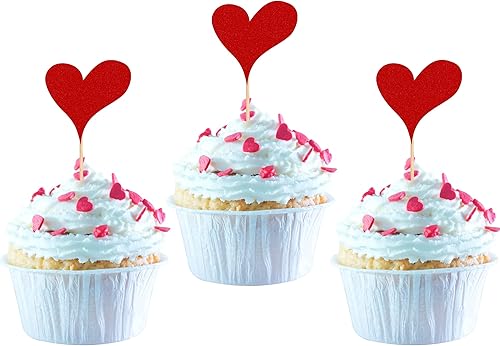 Paquete de 40 adornos para cupcakes con forma de corazón para el día de San Valentín, con purpurina roja, para decoración de tartas, etc Paquete de 40 adornos para cupcakes con forma de corazón para el día de San Valentín, con purpurina roja, para decoración de tartas, etc