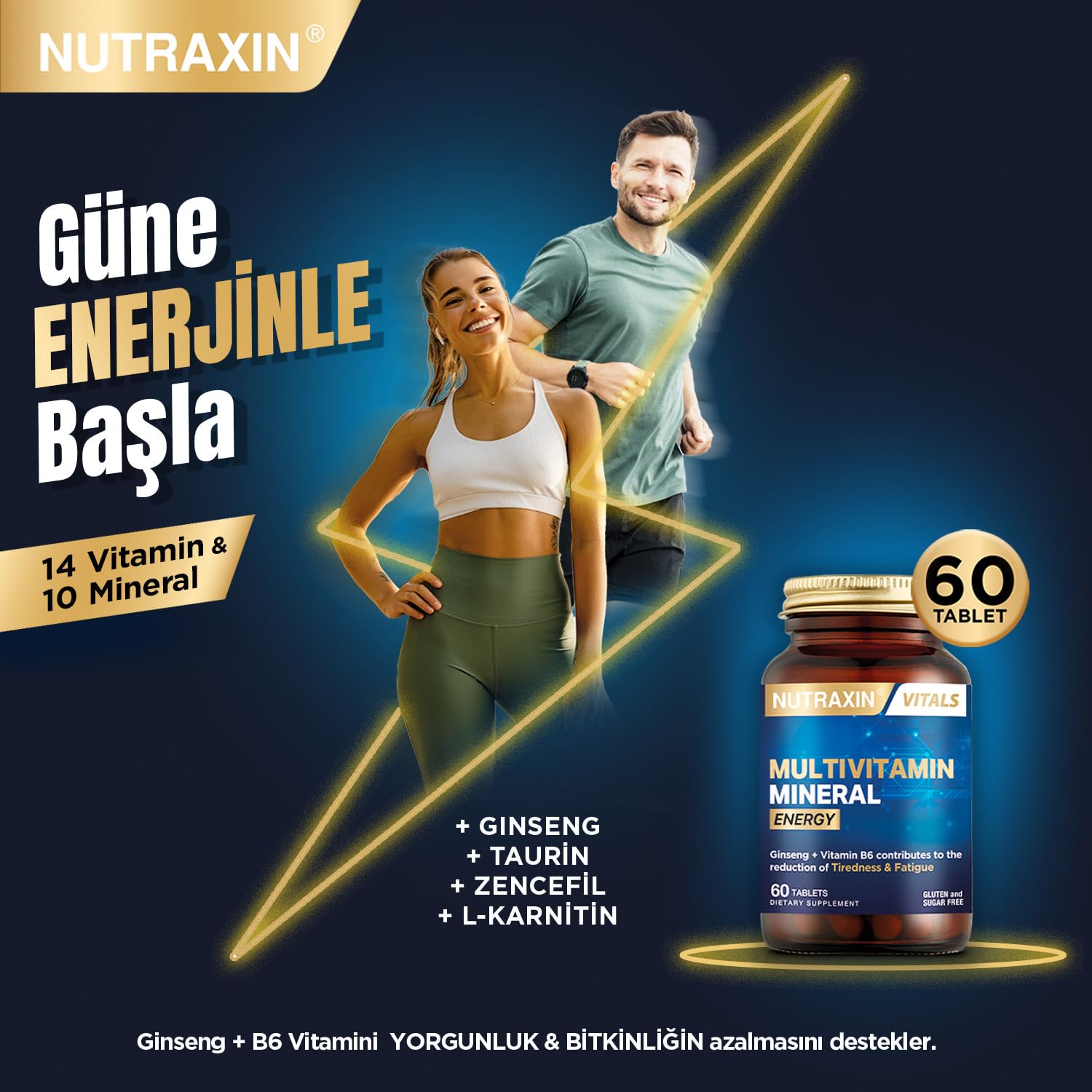 Nutraxin Multivitamin Mineral Energy – Ginseng, CoQ-10, L-Karnitin, Taurin ve 24 Vitamin-Mineral İçeren Enerji Destek Tableti – 60 Tablet – Vegan