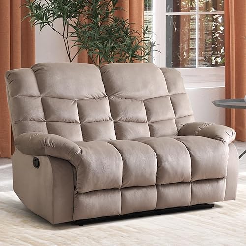 Loveseat Recliner Sofa for Living Room, Extra Wide Modern Overstuffed 2 Seat Reclining Manual Sofa Chair, Breathable Fabric and Padded Cushion, Light Brown
