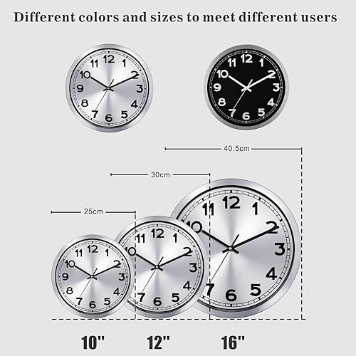 Miniatura 7 de Plumeet Reloj de pared pequeño, 10 pulgadas, funciona con pilas, con marco de aluminio plateado, reloj de pared de metal silencioso que no hace