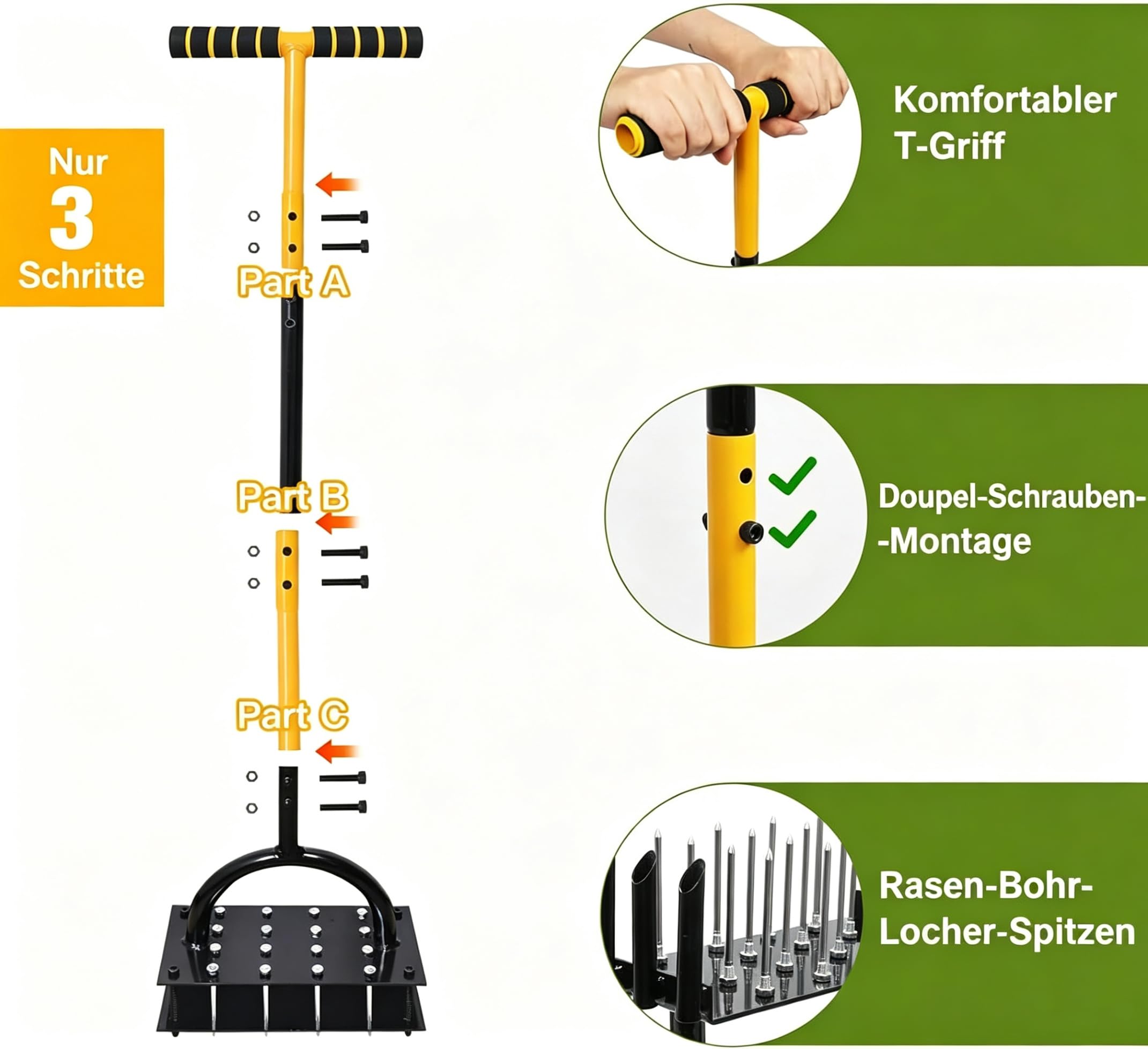 Rasenlüfter Aerifizierer für Rasen– Manuelles Rasen Belüften Gerät mit Doppelplatte, 16 Spikes& 4 Federn, T-Griff Rasenspecht für Verdichtete Böden, Garten & Rasenpflege