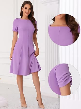 Allegra K A-Line Work Dress for Women's Square Neck Ruched Short Sleeve Dresses