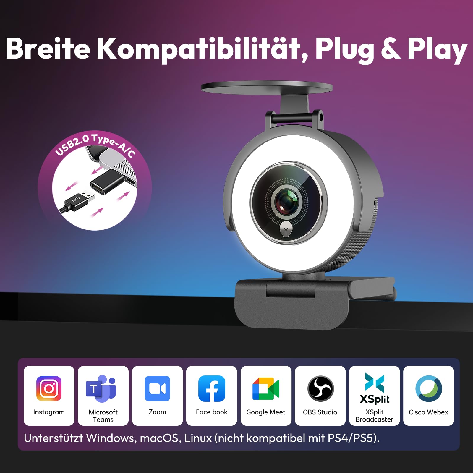 Angetube 4K Webcam mit Licht,PC-Kamera mit Zwei Mikrofonen,1080P@60FPS für flüssiges Streaming,USB-A/C,PDAF-Autofokus,Plug&Play,mit Webcam-Abdeckung,kompatibel mit Zoom/Teams/Laptop/Mac und Windows