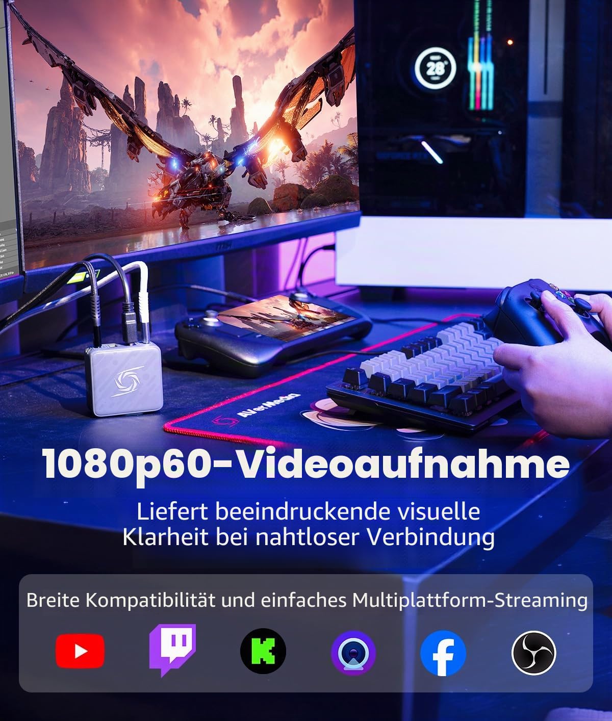 AVerMedia Capture-Karte für Streaming, 1080p60 HDMI, Tragbares Ladegerät für Nintendo Switch, 100W GaN-Schnellladung USB-C-Hub, TV-Dockingstation mit 4K60 HDMI - Elite GO GC313 Pro