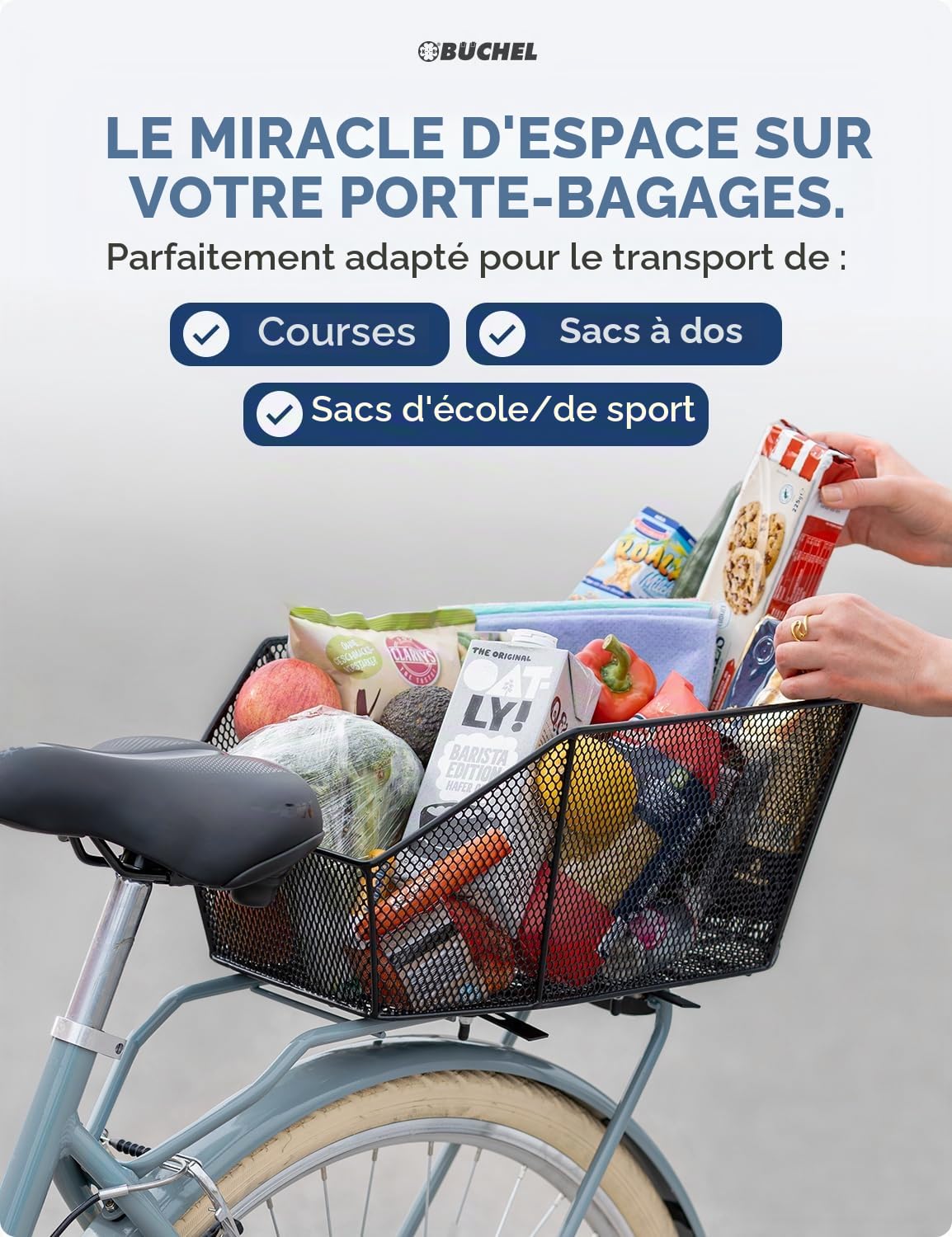 BÜCHEL Panier à vélo arrière | XXL Jumbo Pro avec matériel de Fixation pour Porte-Bagages de vélo | capacité de Charge jusqu'à 20 kg | Panier à vélo pour vélo d'enfant