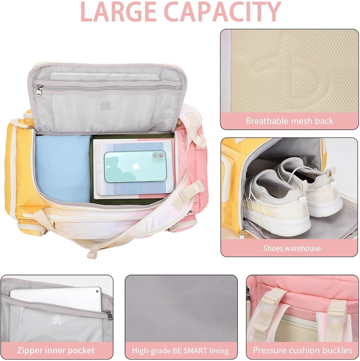 BESMART 2 in 1 Convertible Gym Duffel Bags with Shoes Compartment-32L Waterproof Extra Large Workout Backpack for Gym Women, Heavy Duty Sports Duffle Backpacks for Travel, Hiking, Camping, Carry on - Image 4