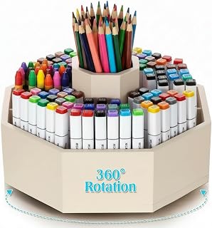 Fiwochic Bamboo Rotating Pencil Holder Marker Organizer Art Supply 360° Rotating Pastel Pen Organizer Gifts for Desktop Storage Caddy, Crayon, Marker, Pencil(Beige)
