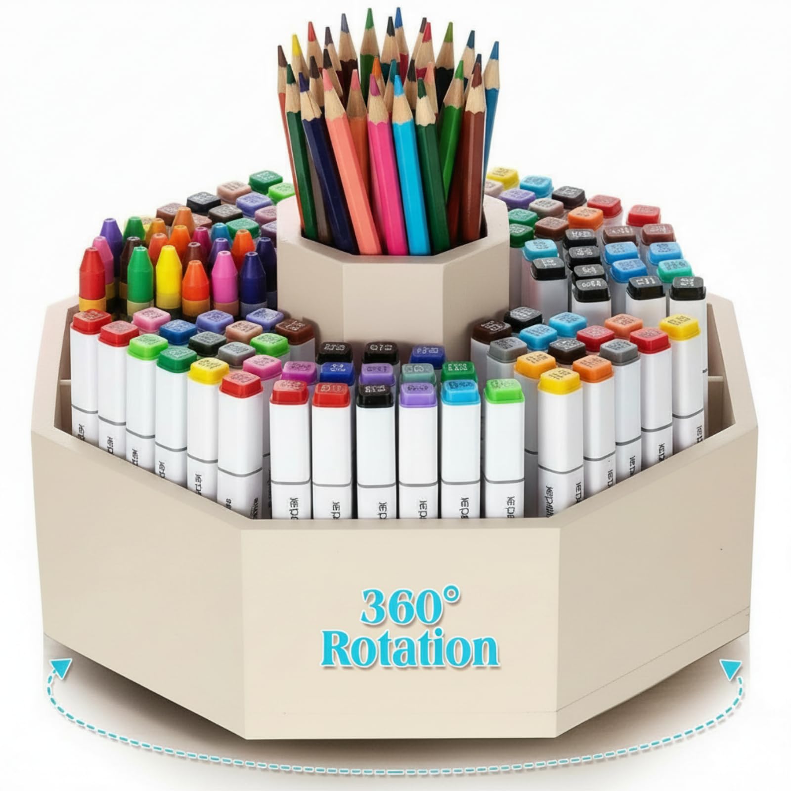 Drehbarer Stifthalter aus Bambus, Kunstbedarf, Organizer, Schreibtisch, 360° drehbar, Pastellstifte, Organizer für Schreibtisch-Aufbewahrung, Buntstifte, Pinsel (Beige)