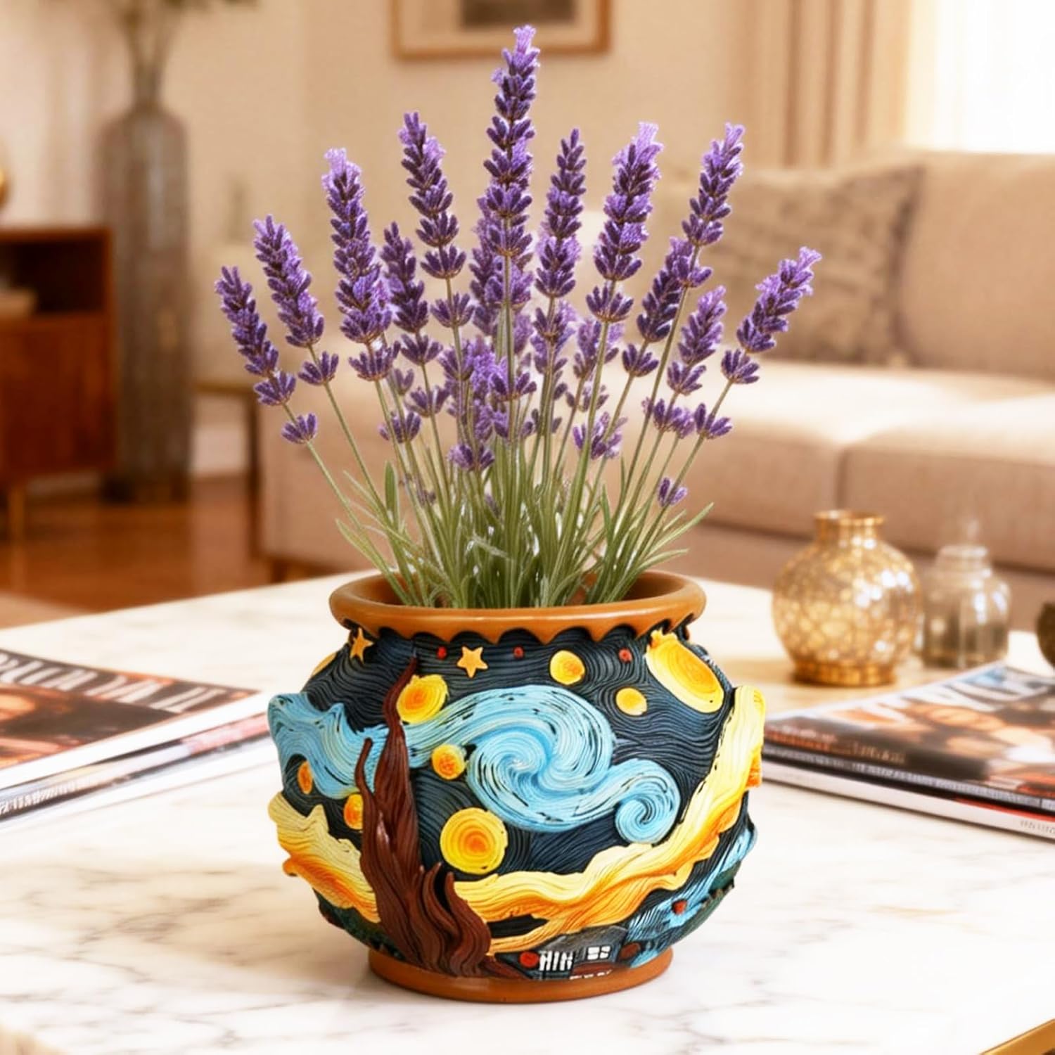 Starry Night Floral Planter, Unique and Interesting Abstract Art Flower pots, Vibrant Colors, Perfect for Home/Garden Artistic Decoration (Starry Sky)