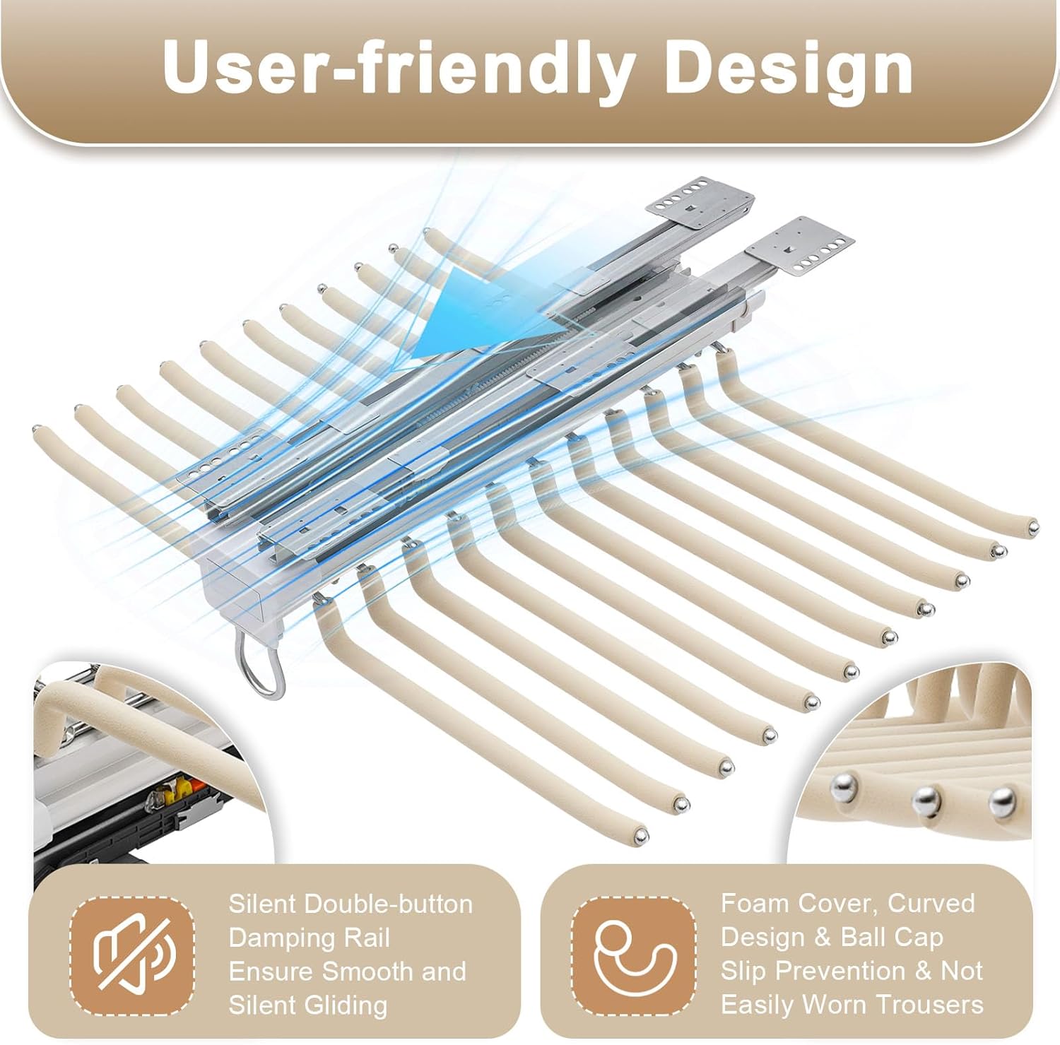 Pull Out Pants Rack for Closet, 22 Arms Steel Pants Hanger Bar Clothes Organizers for Space Saving and Storage, Adjustable Sliding Top Mounted Clothes Storage Hanger Rail for Wardrobe