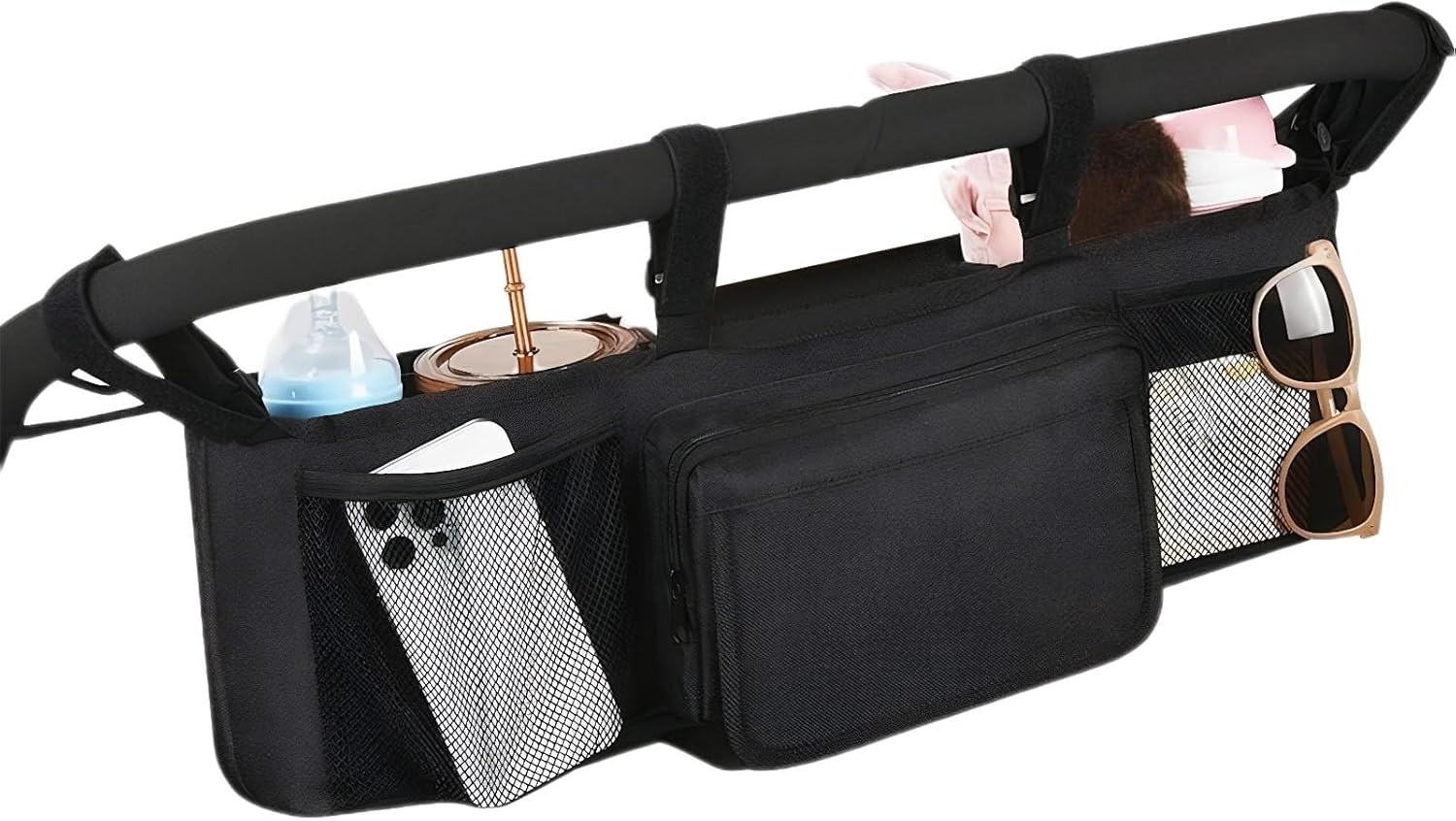 Double Stroller Accessories, Waterproof 3-Compartment Storage, Size 60x20x10cm, Stroller Organizer Cup Holder, Pushchair Storage Bag, Travel Utility Feature, For Parents Camping Walking
