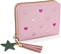 WisePoint Women's PU Leather Zipper Wallet with Heart Embroidery, Star Tassel Pendant, Accordion Card Slots - Cute Compact Card Holder