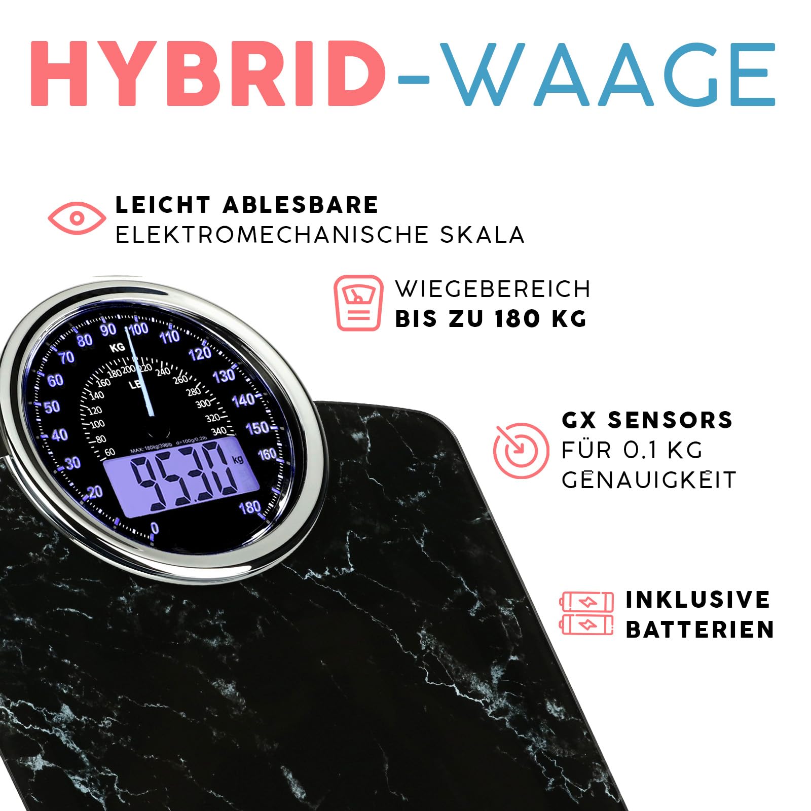 Hybrid Personenwaage - Analog & Digital, Präzise bis 180 kg | Gewicht auf Analogzifferblatt und LCD ablesen. Breite Glasplattform, 3 AAA Batterien inklusive, sofort einsatzbereit.