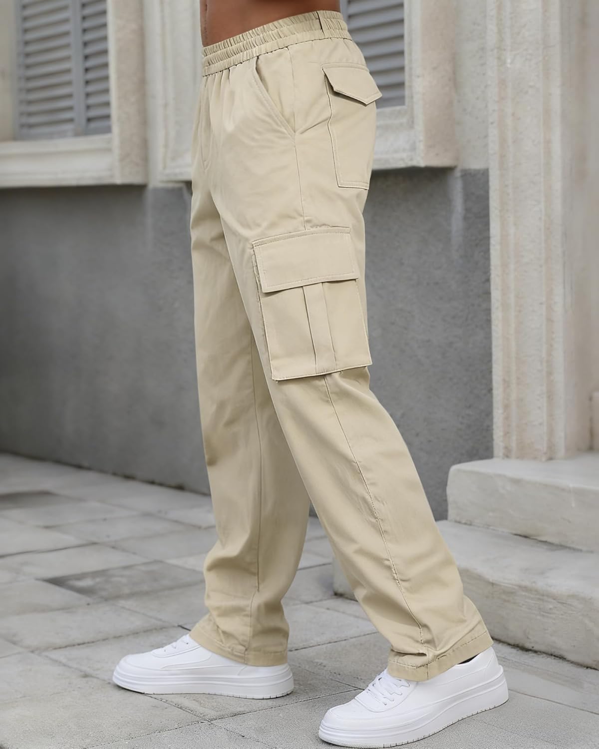 Men's Cargo Pants Casual Workout Joggers Stretch Sweatpants Elastic Drawstring Hiking Tactical Pants with 6 Pockets - Image 3