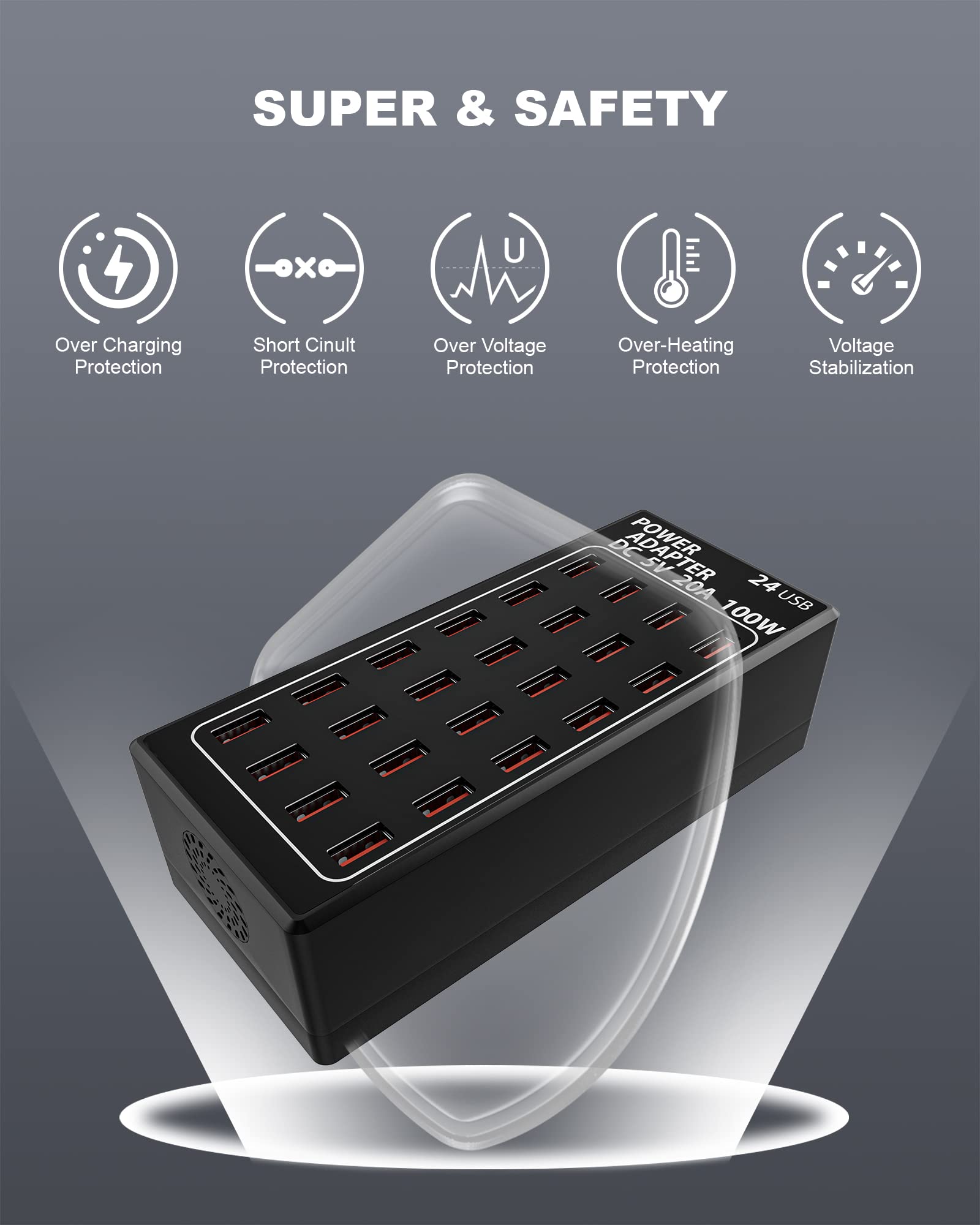 Stazione di ricarica USB a 24 porte, 100 watt (20 A), caricabatterie rapido da viaggio, organizer per stazione di ricarica rapida multi porta, compatibile con smartphone, tablet e altri dispositivi