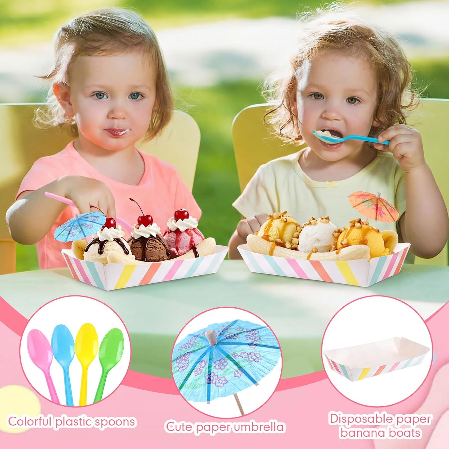 FoldTier 60 Set Colorful Food Trays Boat Paper Disposable Banana Split Boats with Umbrellas 8 oz Bowls for Birthday Summer Party Supplies Dessert (Stripe Style,Colorful)
