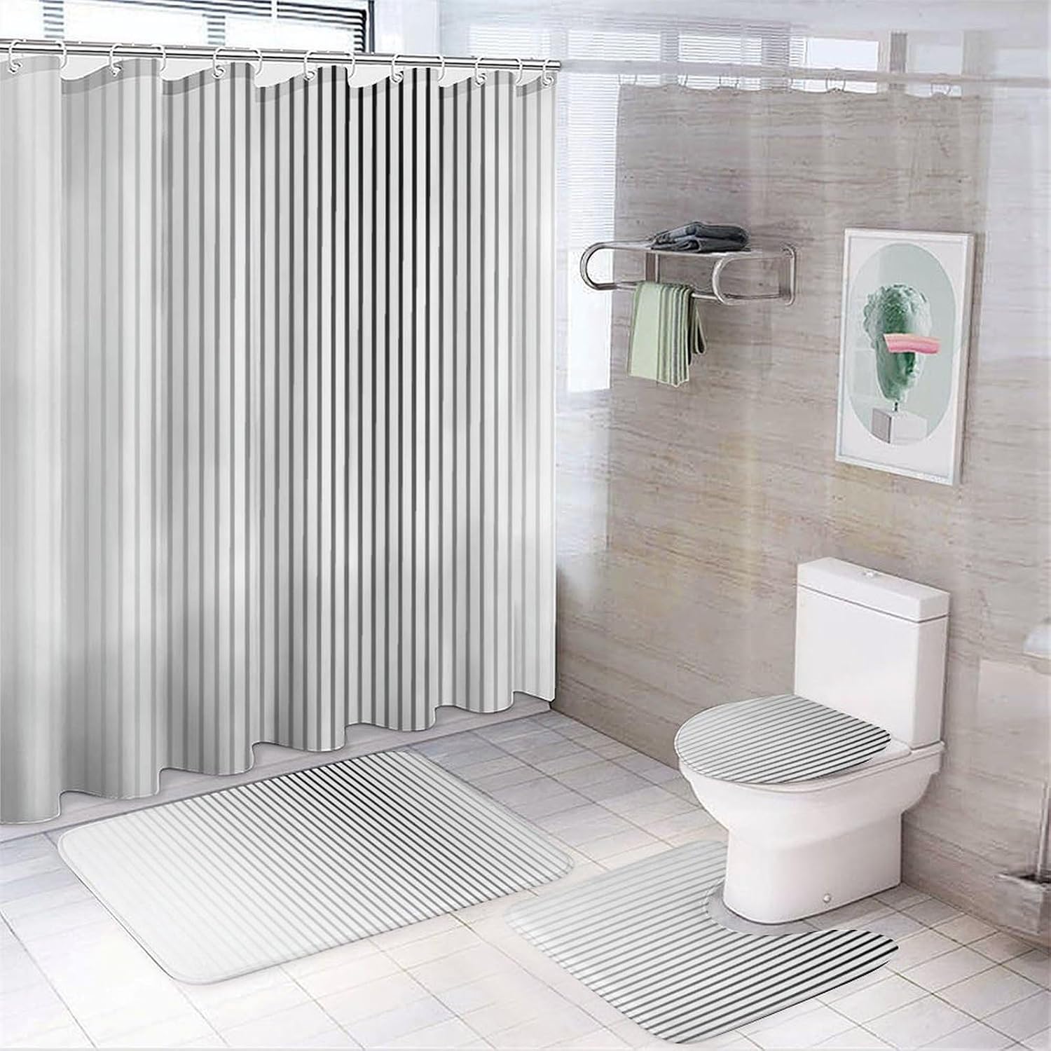 Bathroom Mat Set, Linear Striped Texture Smooth Pattern Printed on Bathroom Accessories Sets Complete, Ideal for Bathroom Apartment RV College Dorm, 72 x 72 inches