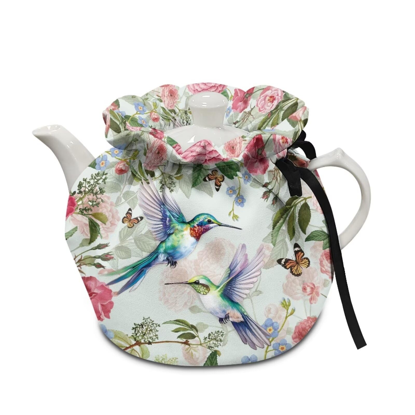 Generic Elegant Hummingbird Floral Tea Pot Cozies Dustproof Breakfast Pot Lid Washable Kitchen Home Decorative Insulation and Keep Warm Both Sides Drawstring