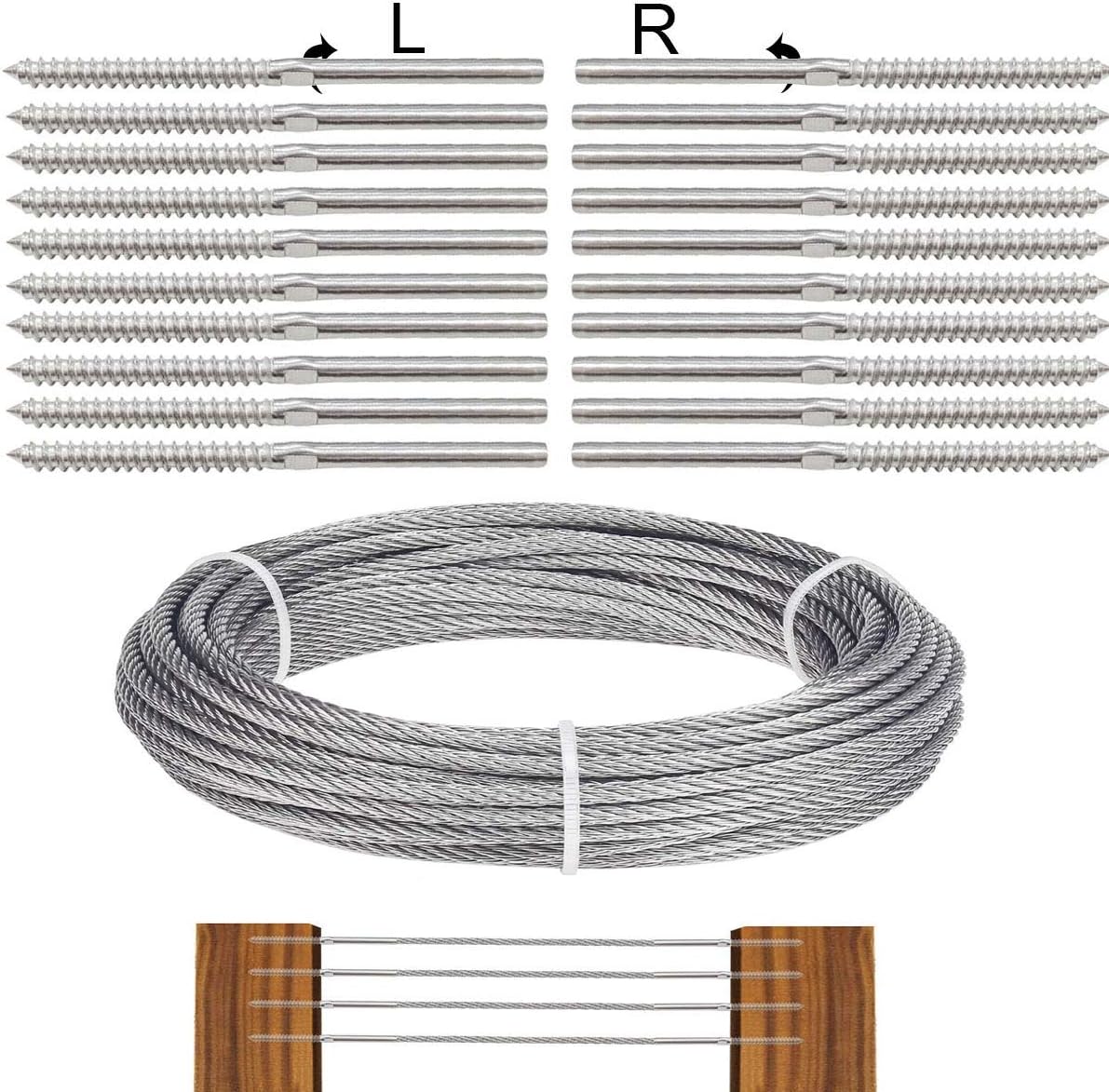 TooTaci T316 Stainless Steel Wire Rope, 3mm Wire Balustrade Kit, Cable Railing Kit Include 30M/ 3mm Steel Cable 7×7 Strands Uncoated, 20 pcs Tensioner Swage Lag Screws for Deck, Fence