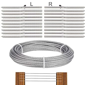 TooTaci 3mm Wire Balustrade Kit, T316 Stainless Steel Wire Rope Kit Include 30M/ 3mm Marine Grade Steel Cable 7 7 Strands Uncoated, 20 pcs Tensioner Swage Lag Screws for Deck Cable Railing Kit