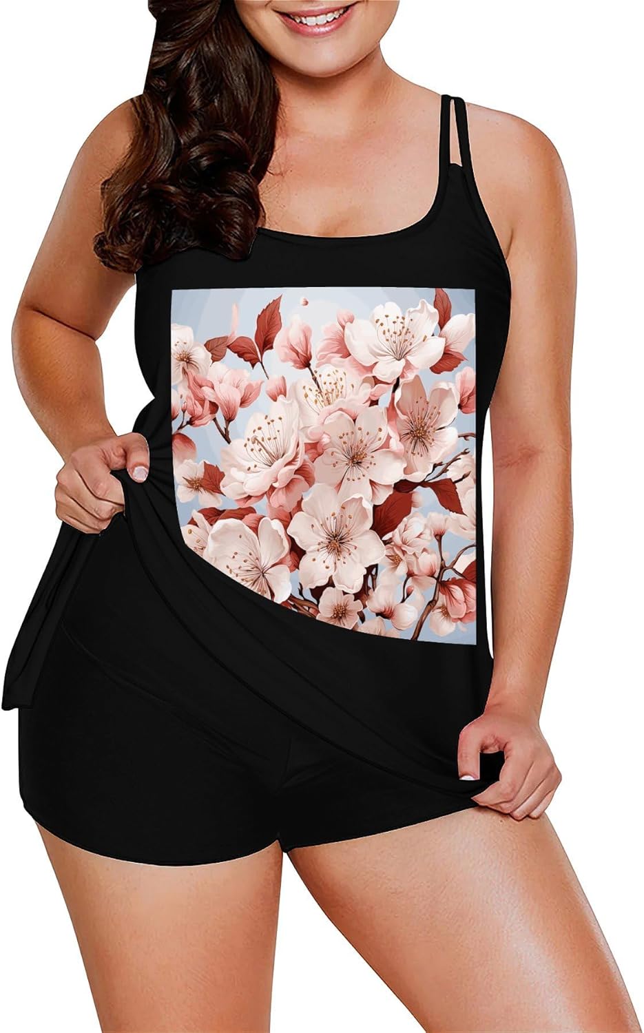 Cherry Blossoms Tankini Swimsuits for Women Tummy Control Two Piece Bathing Suits Swim Tops with Boy Shorts