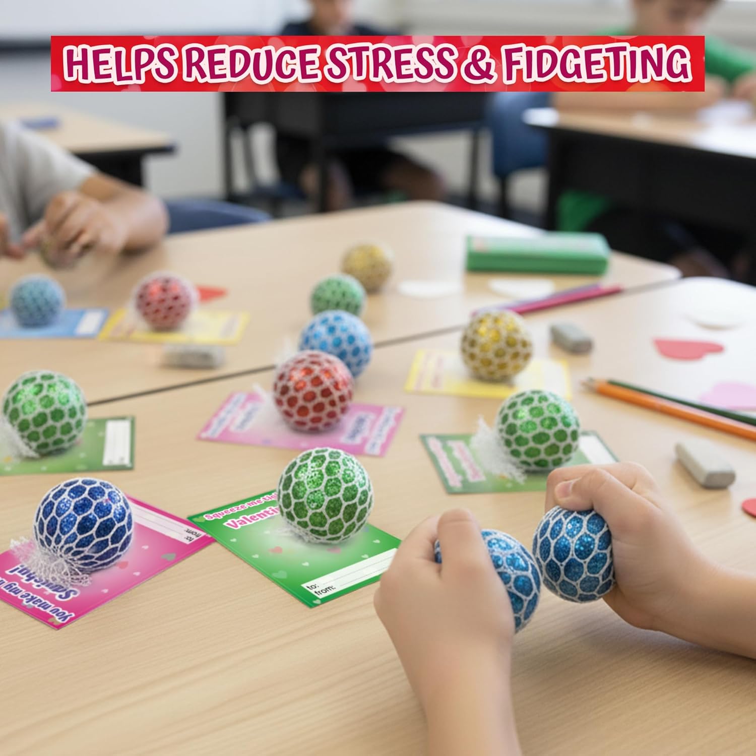 4E's Novelty 28 Pack Valentine Squeeze Balls with Valentines Day Cards & Bags - Squishy Ball Fidget Toys for Valentines Classsroom Exchange Gifts Bulk for Kids Boys Girls, Party Favors