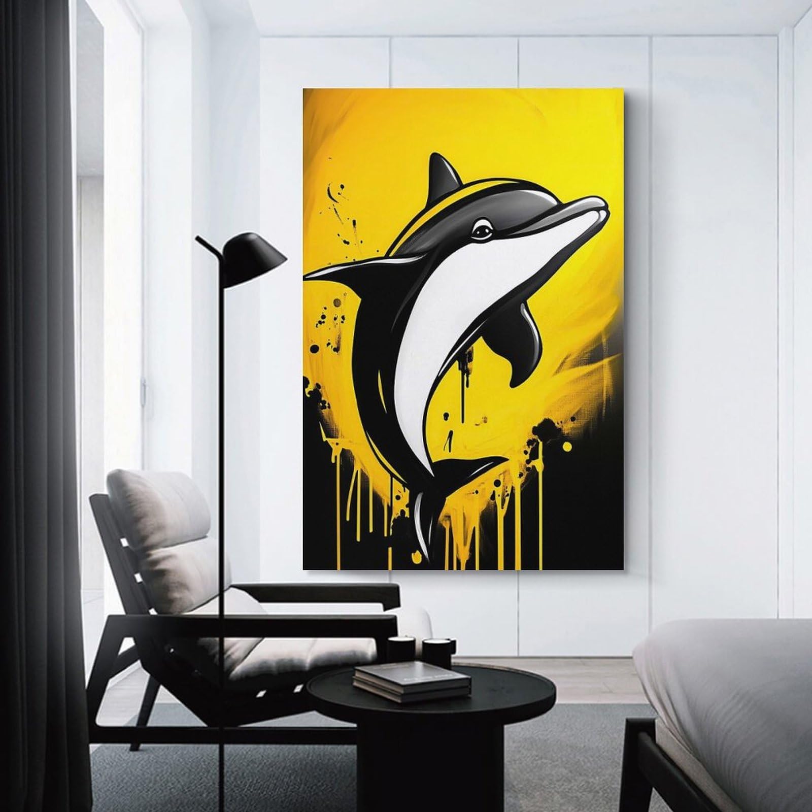 Junmoney Yellow Dolphin Art Wall Art Print, 20x30inch(50x75cm), for Wall Displays, Bedrooms Or Room Updates, A Versatile Canvas Print for Layering