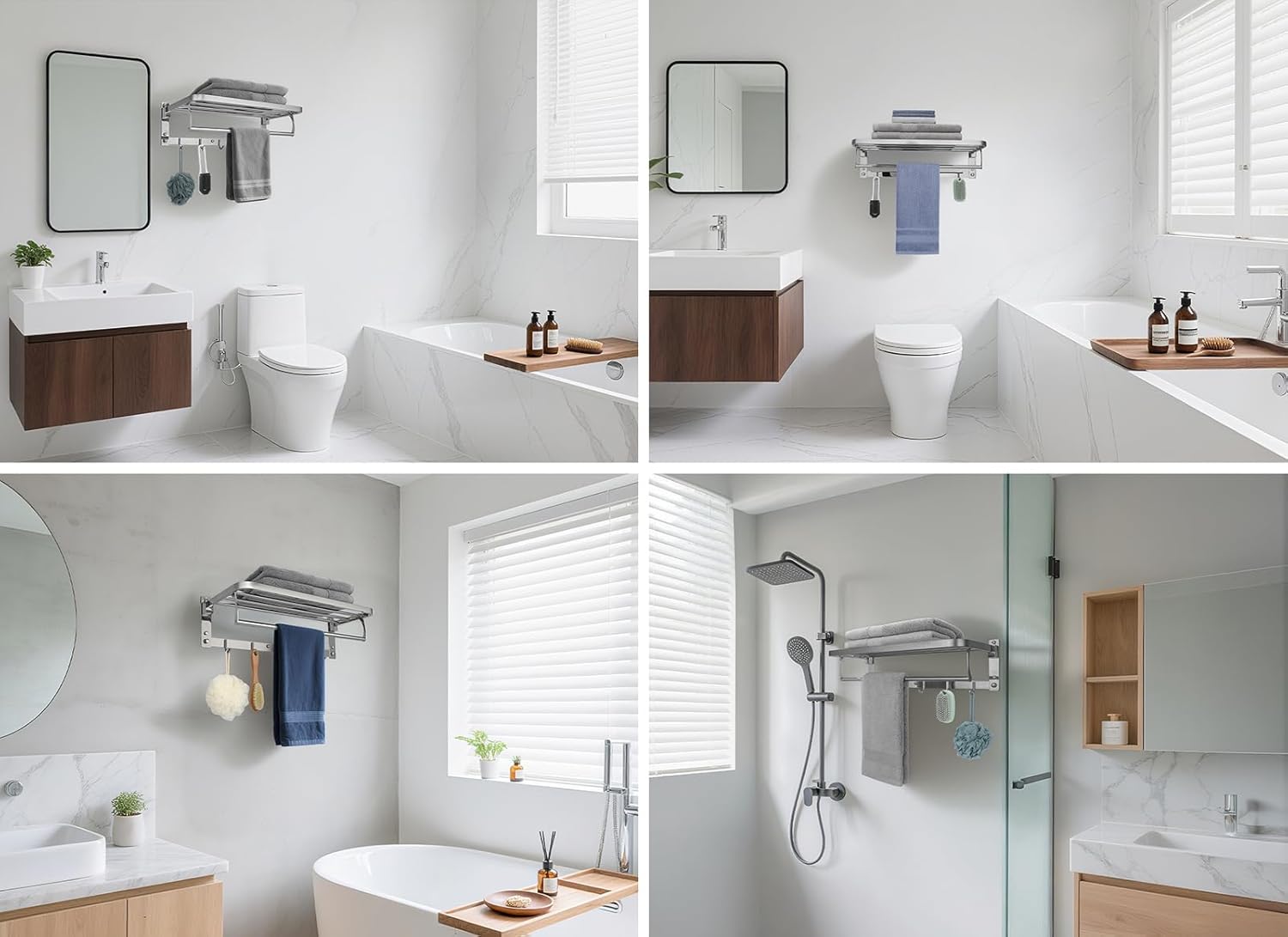 23 Inch Towel Rack with Towel Bar Holder SUS304 Stainless Steel Foldable Towel Shelf with 5 Hooks for Bathroom & Lavatory Wall Mounted (Brushed Nickel)
