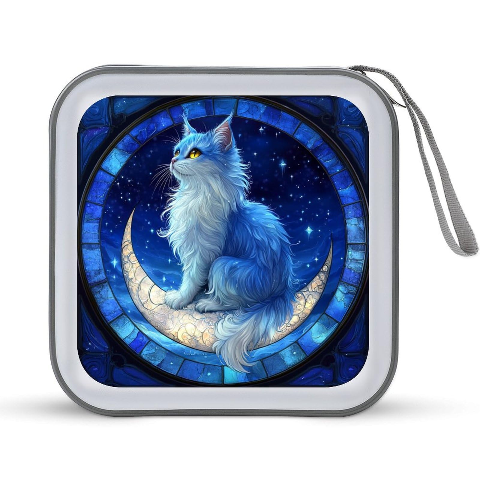 Jubonexis Stained Glass Blue White Cat Crescent Moon CD Case DVD Storage Case Portable