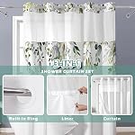 No Hook 3 in 1 Shower Curtain with Snap in Liner, Green Leaves Flower Shower Curtain Set with See Through Top Window, Machine Washable Waterproof Polyester Fabric Bath Curtain, 71 x 74 in