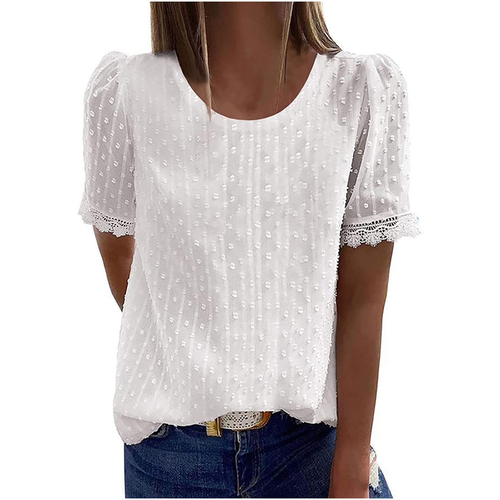 AMhomelySummer Tops for Women UK Chiffon Blouse Casual T-Shirt Round Neck Short Sleeve Lace Blouse Solid Color Loose Pullover Elegant Tunic Ladies Henley Basic Tops