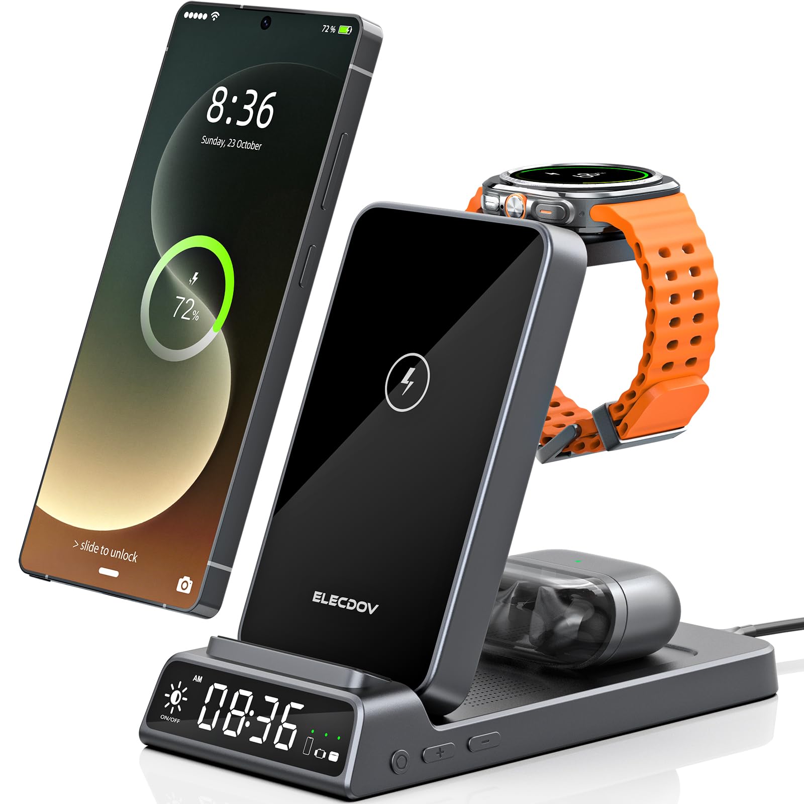 Wireless Charger for Samsung Charging Station with Clock for Samsung Galaxy S25 Ultra/S24/Z Flip 7/Fold 7/Bud, Watch Charger for Samsung Galaxy Watch 8/7/6/5Pro, 3 in 1 Foldable Charging Station